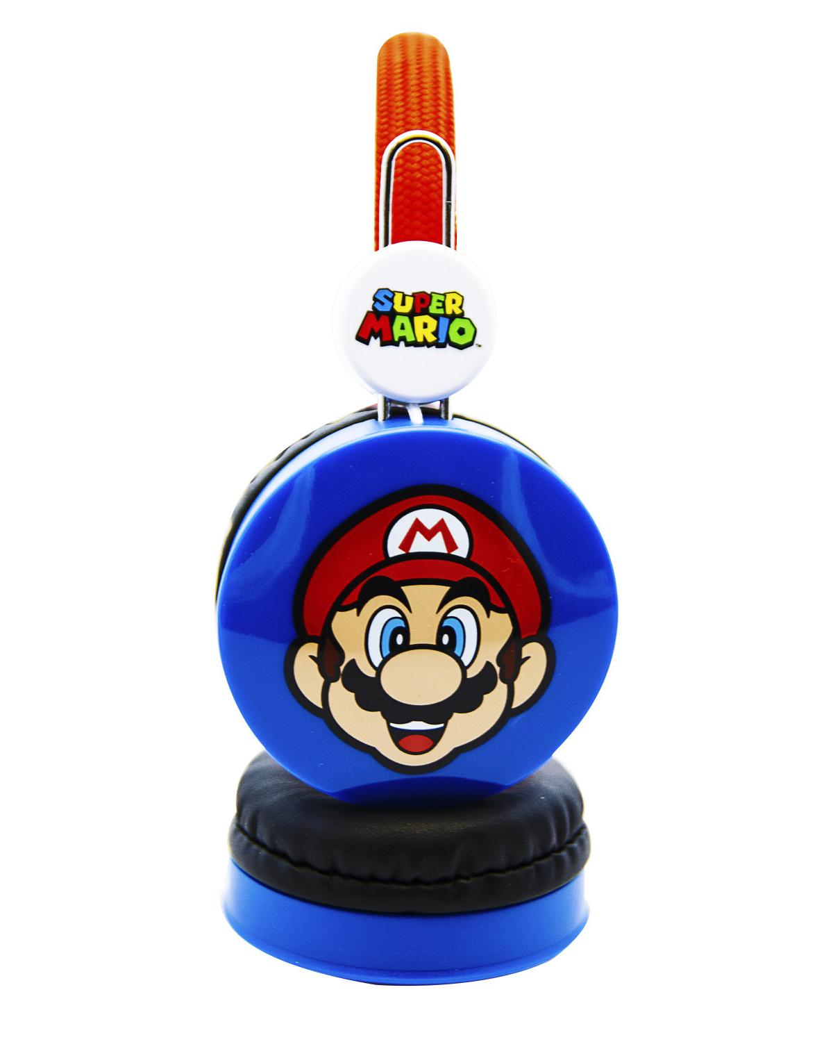 Cuffie blu con grafica del personaggio Super Mario e archetto arancione.