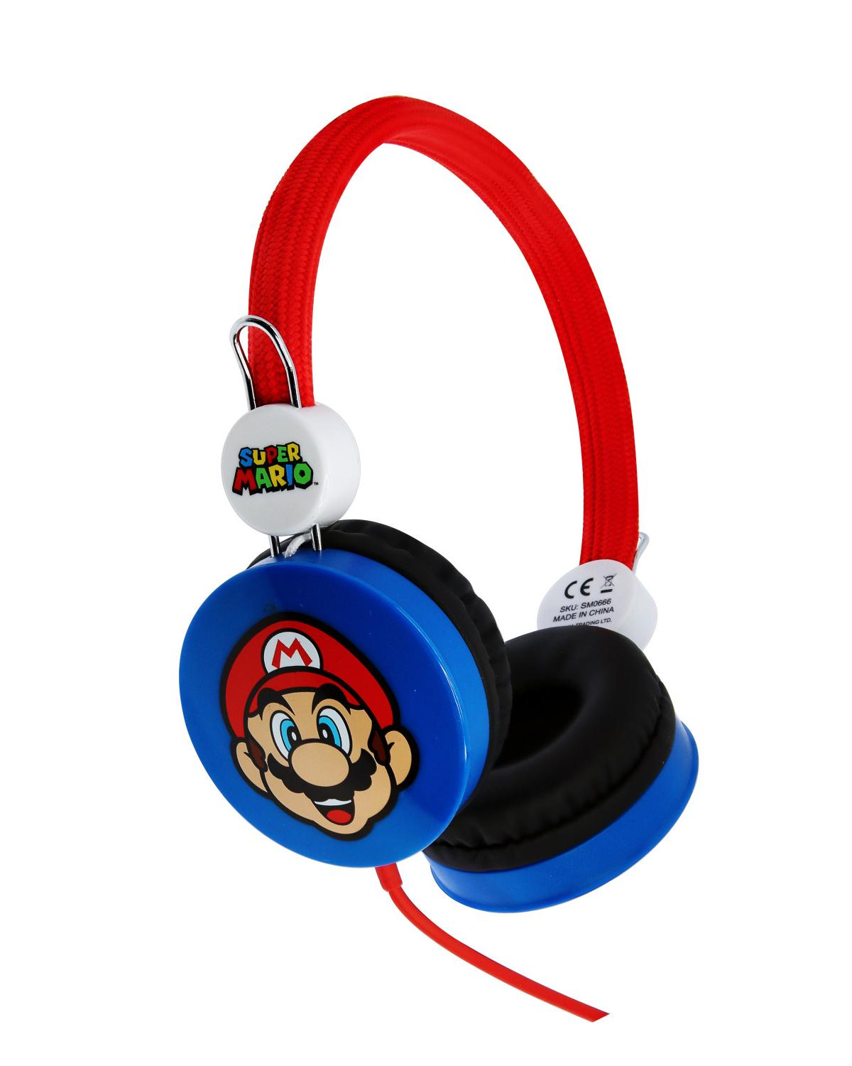 Cuffie blu con personaggio Super Mario, archetto rosso.