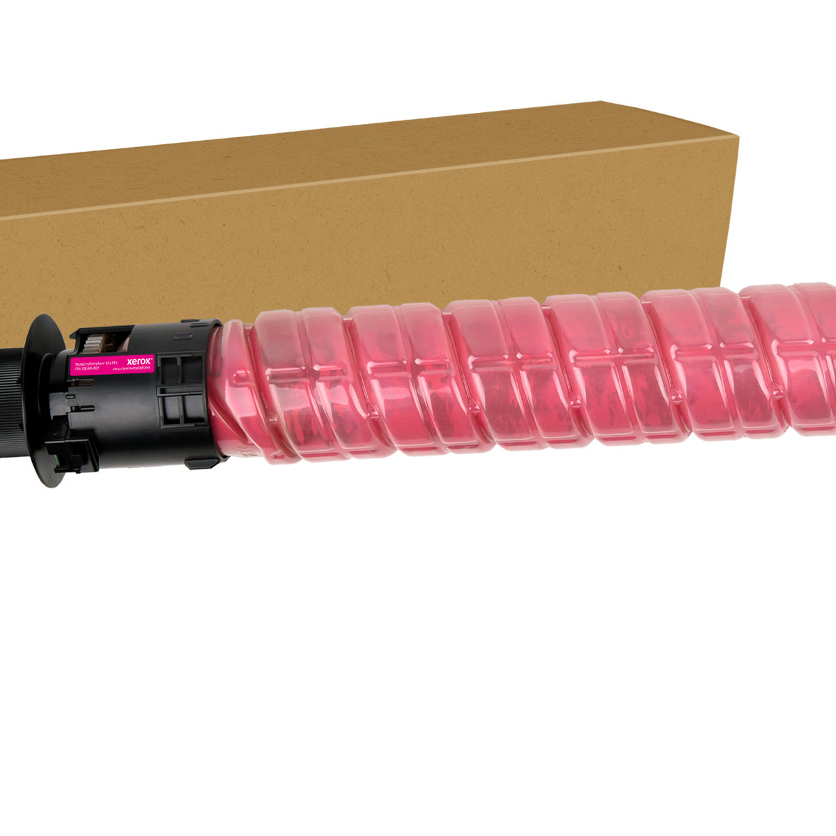 Een roze toner cartridge met een doorzichtige spiraal en een kartonnen doos.