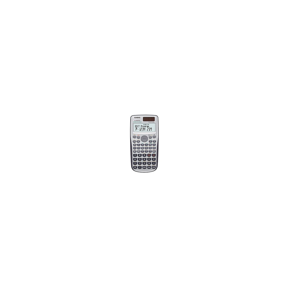 Gümüş renkli Casio hesap makinesi, siyah tuş takımı ve LCD ekranlı.