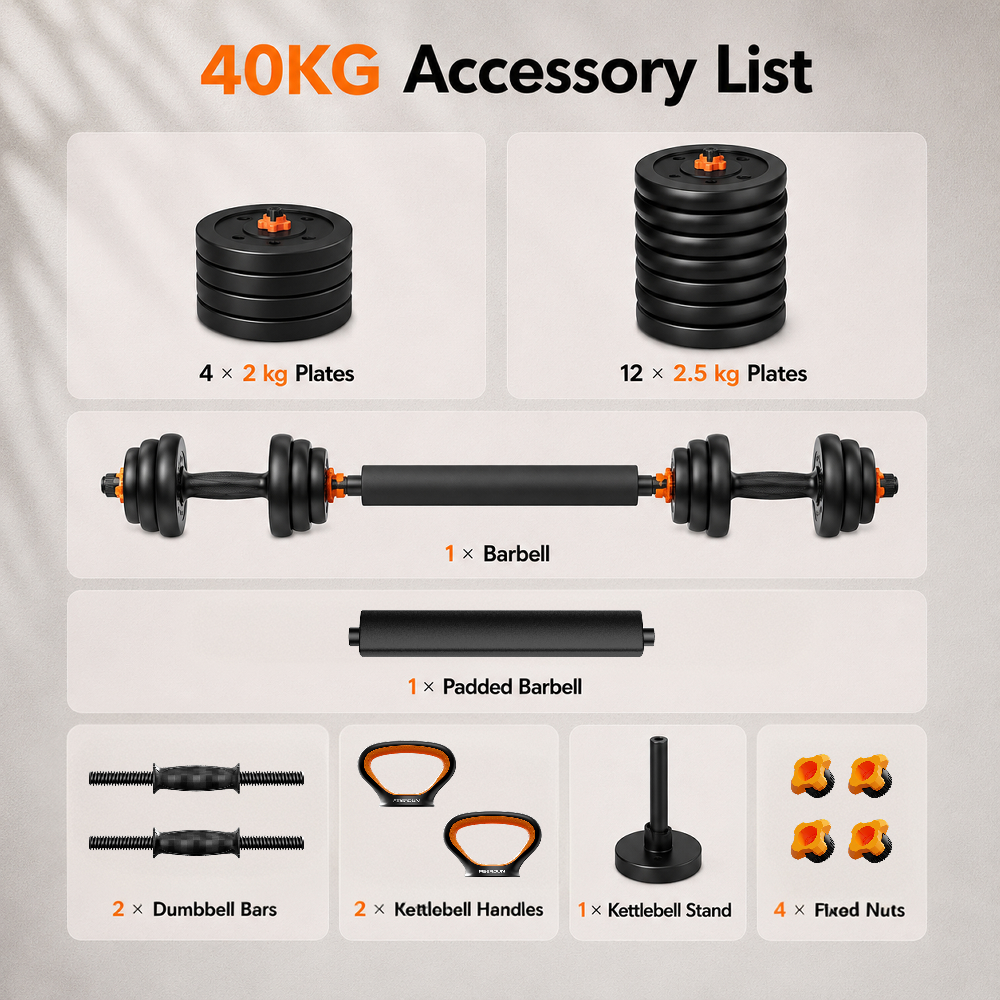 Lista de accesorios de 40 kg: discos de peso negros, barra, barra acolchada, barras de mancuerna, asas de pesa rusa, soporte y tuercas.