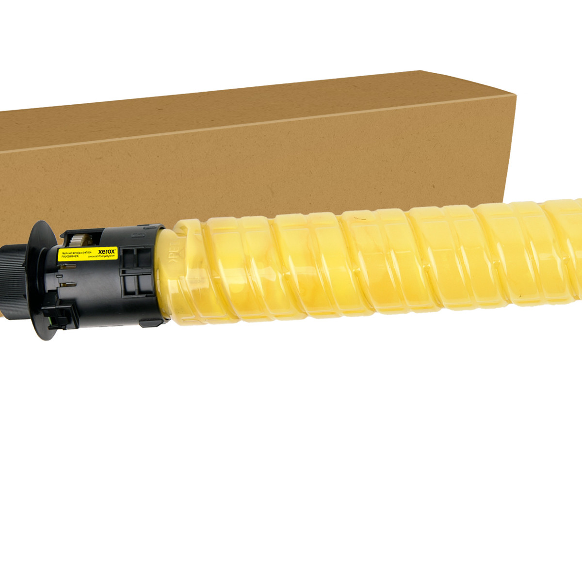 Gele Xerox tonercilinder met zwarte kop voor een bruine doos.