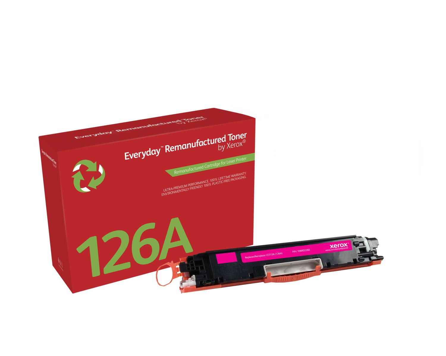 Boîte rouge avec "126A" et une cartouche d'imprimante magenta à côté.