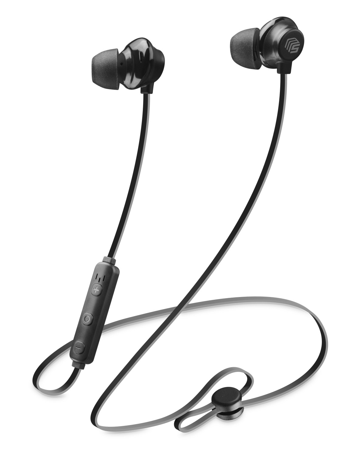 Zwarte in-ear koptelefoon met snoer en bedieningselementen op witte achtergrond.