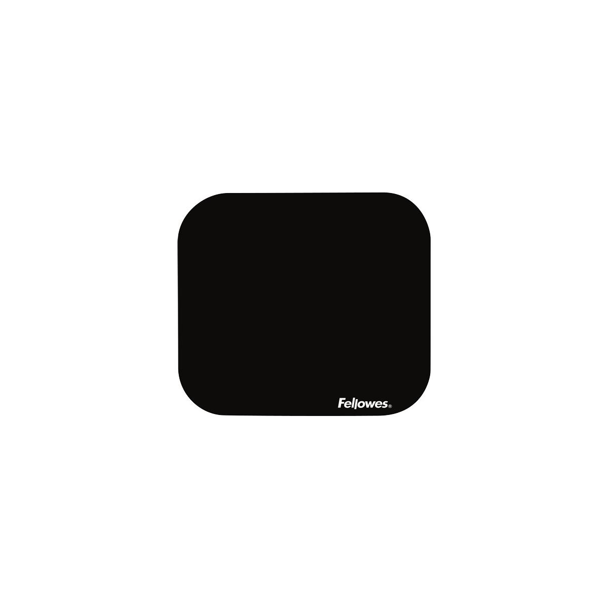 Tapis de souris noir aux coins arrondis, logo Fellowes en bas à droite.