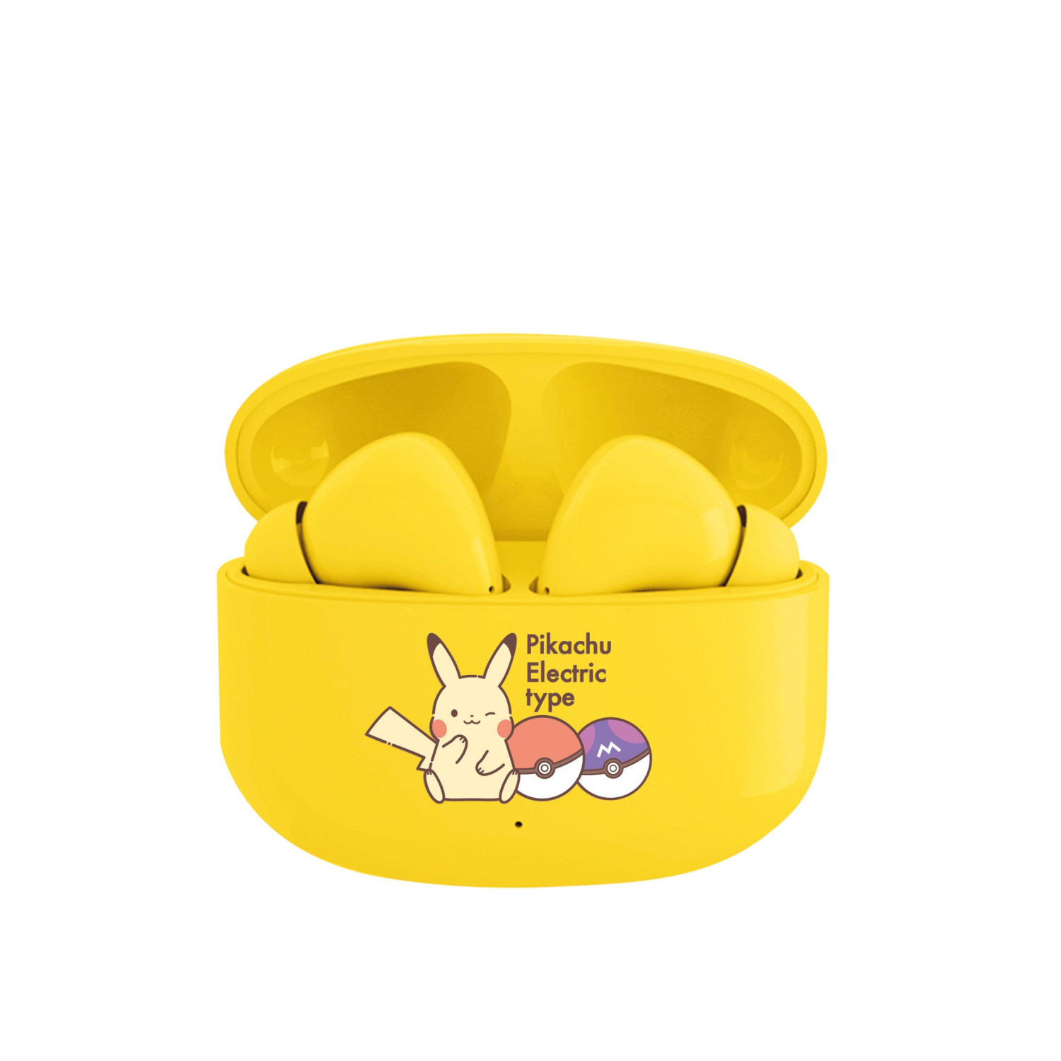 Auricolari wireless gialli con design Pikachu e Pokeball.