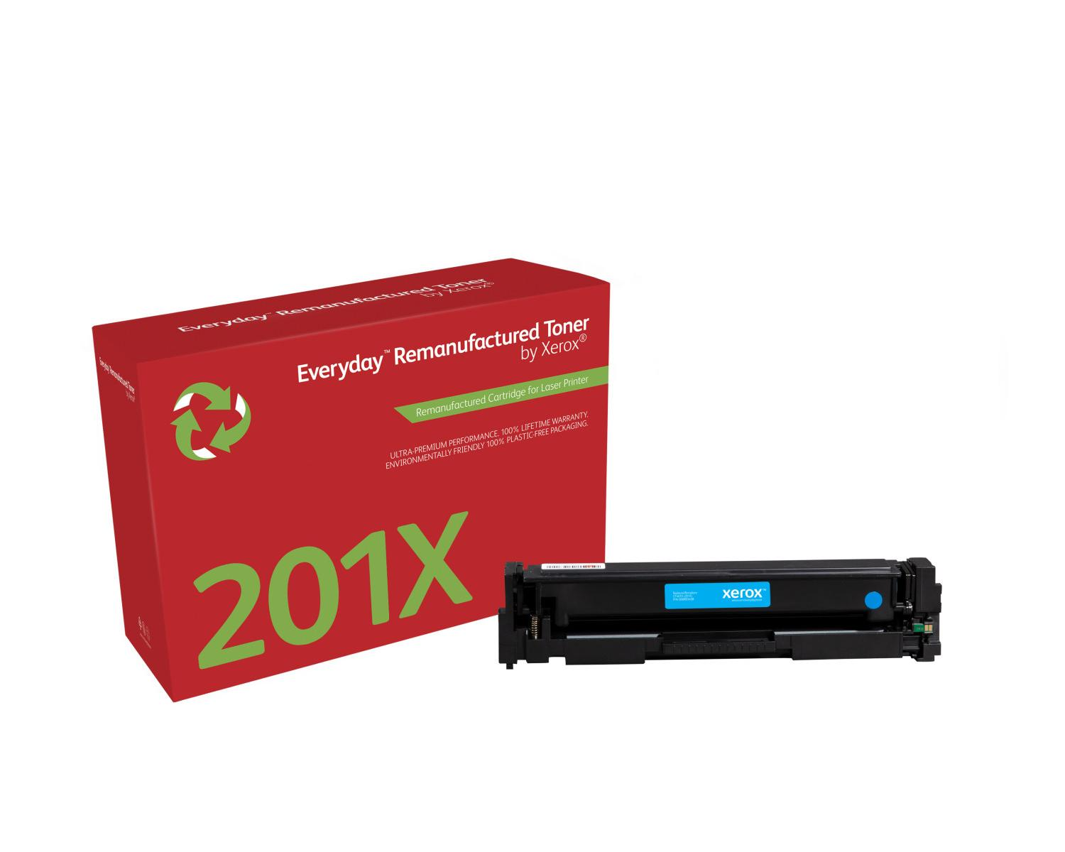 Een rode doos met "201X" erop en ernaast een Xerox-tonercartridge.
