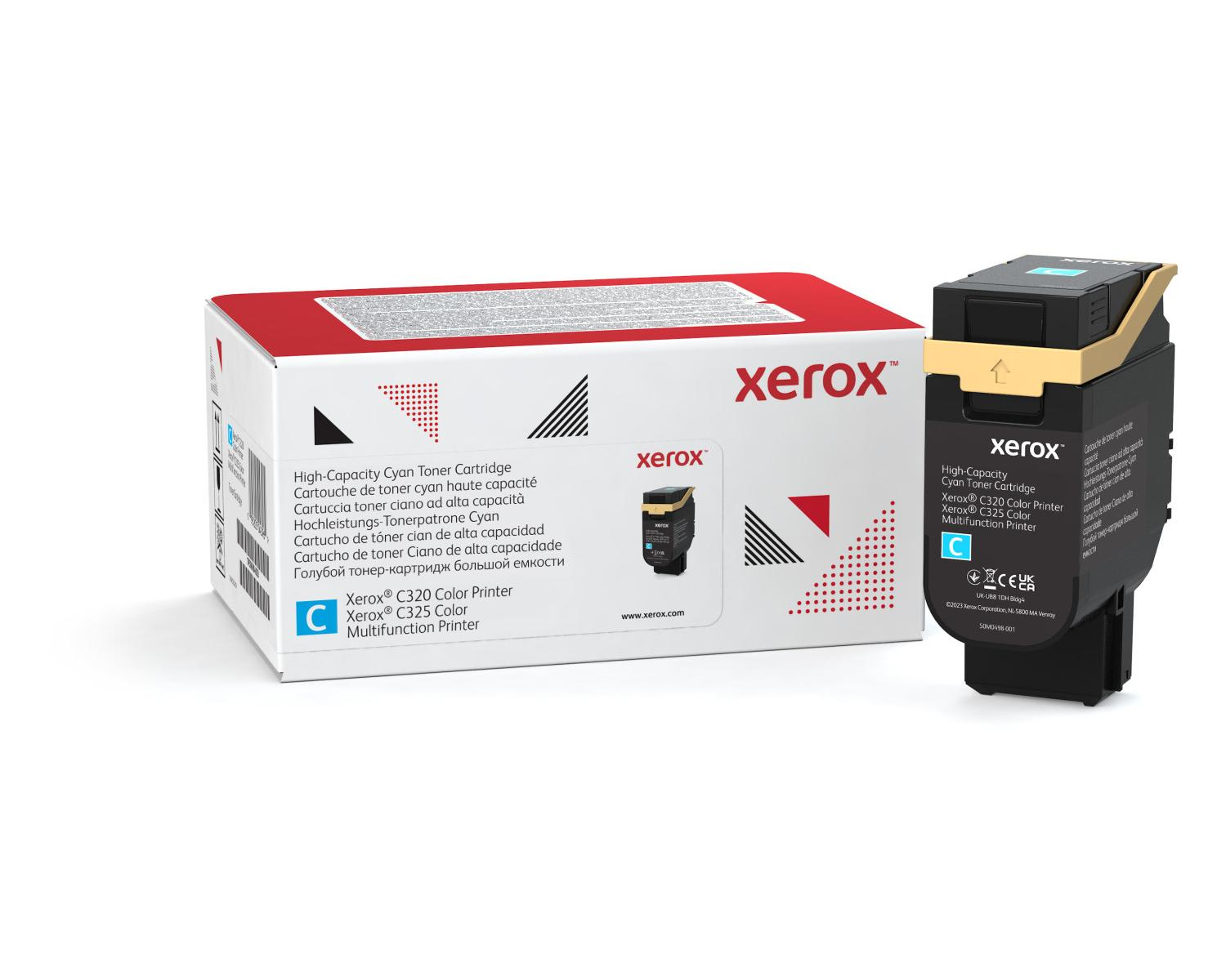 Toner Xerox Cyan do drukarek C320/C325, po lewej opakowanie, po prawej kartridż.