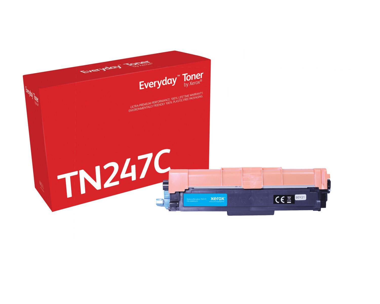 Scatola rossa con toner TN247C e cartuccia toner Xerox accanto.