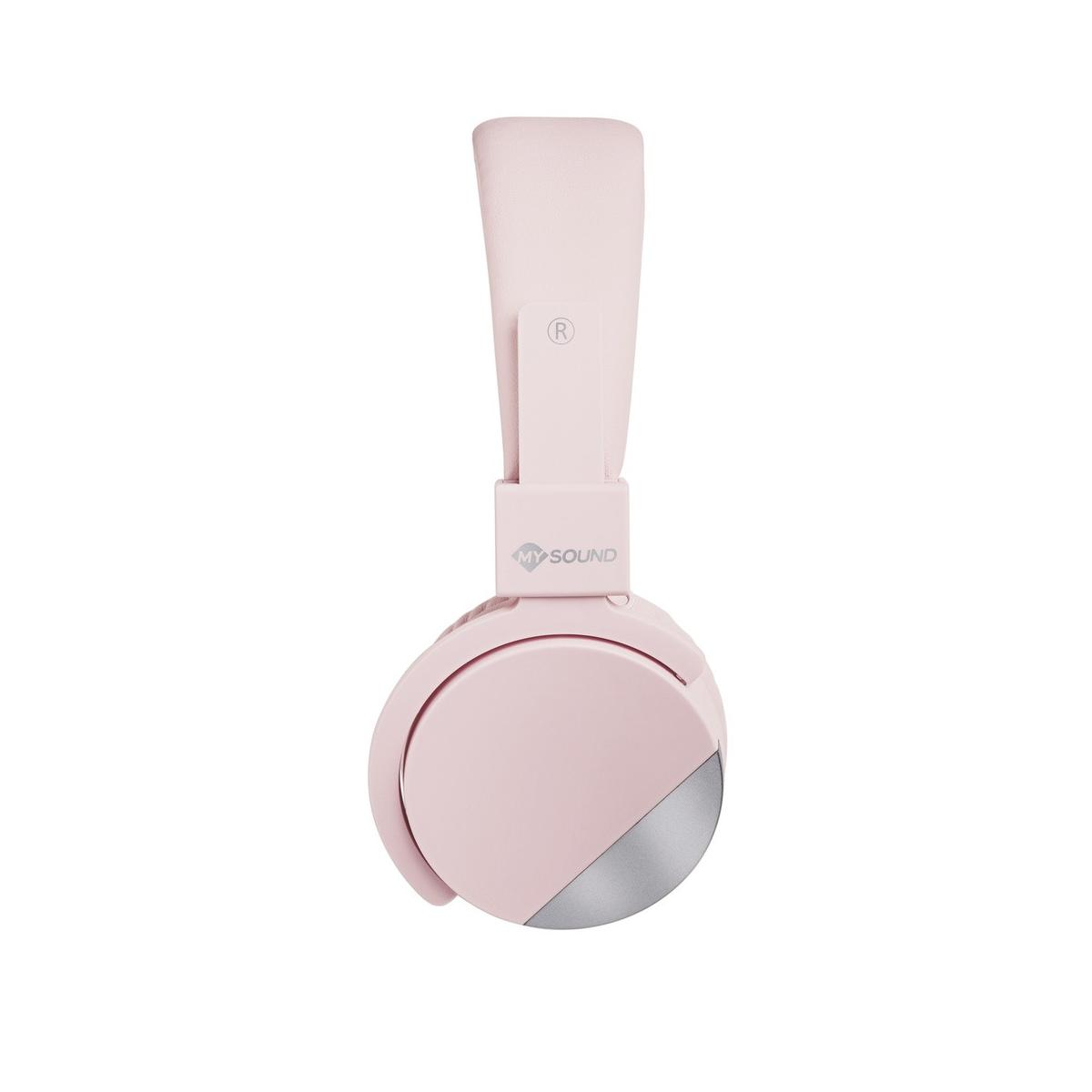 Un singolo auricolare rosa con accenti argentati su sfondo bianco.