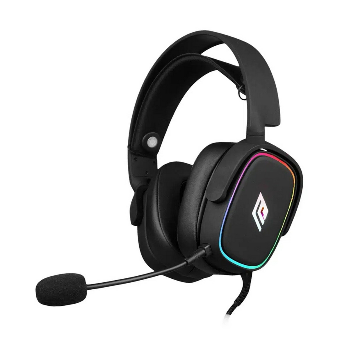 Cuffie da gaming nere con microfono e illuminazione RGB sul padiglione.