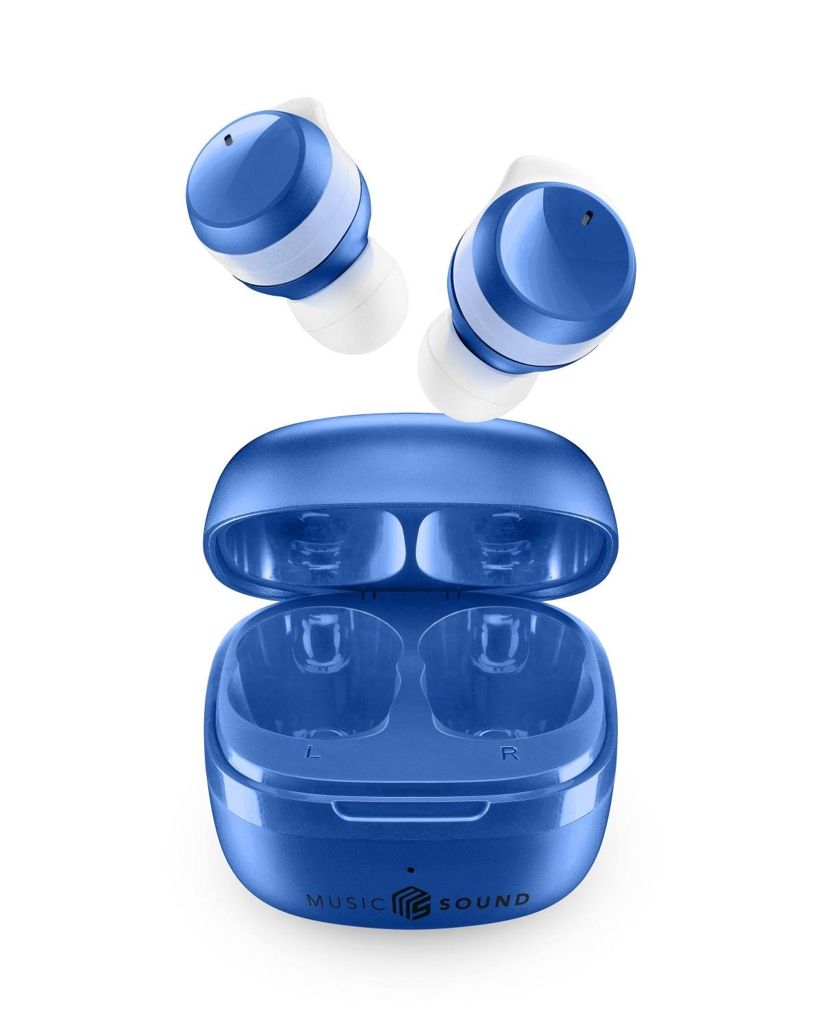 Auricolari wireless blu e bianchi fluttuano sopra una custodia di ricarica blu aperta.