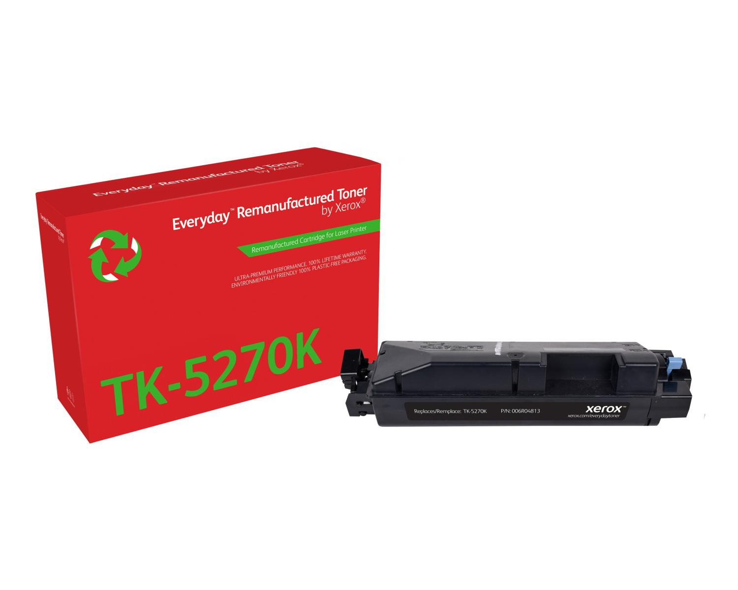 Czerwone pudełko z napisem TK-5270K i czarny wkład tonerowy Xerox.