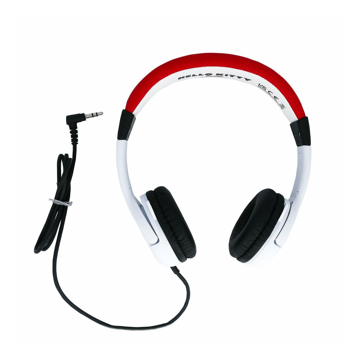 White headphones with a red headband and black cord. Hello Kitty logo.