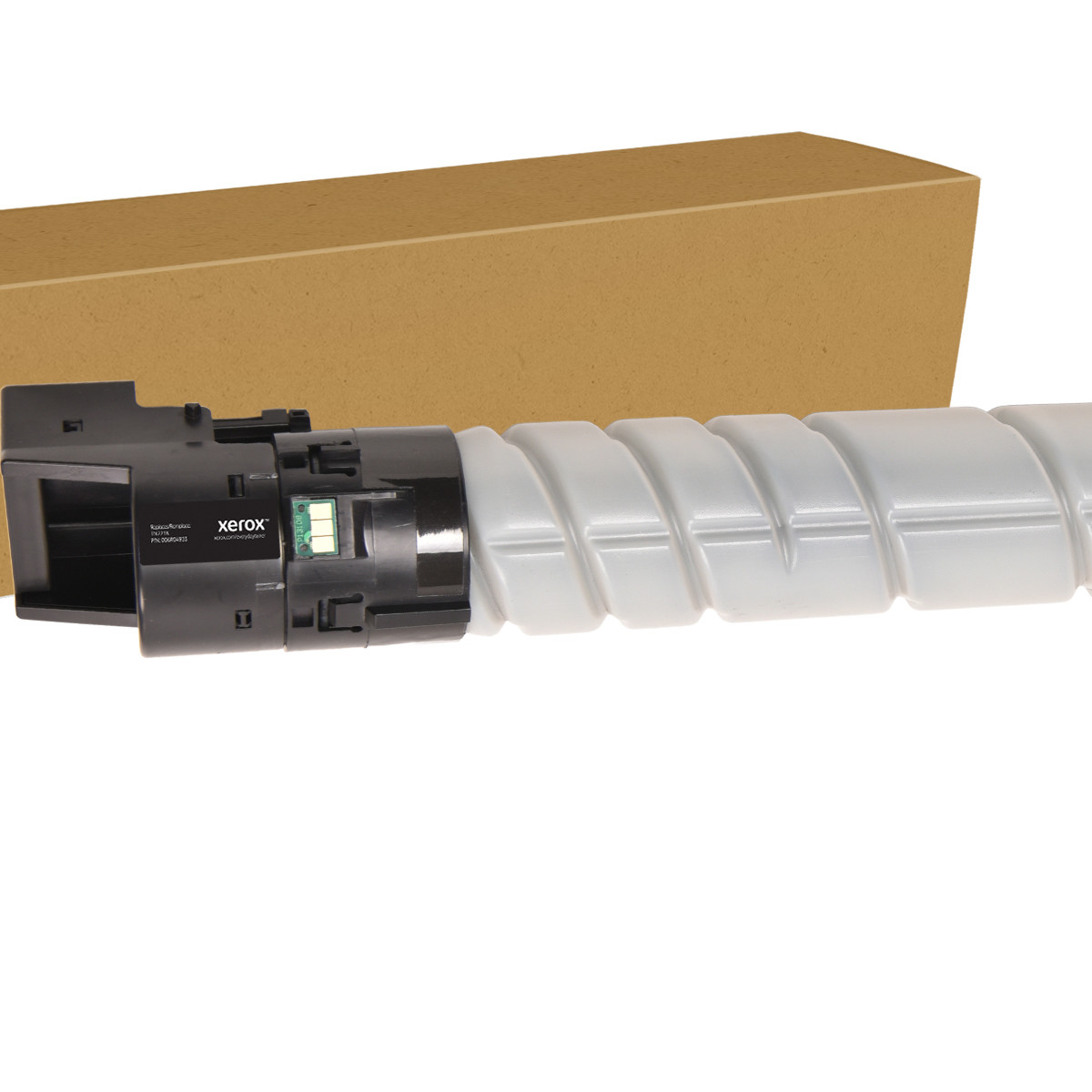 Una testina di cartuccia toner Xerox nera con un corpo toner bianco a spirale accanto.