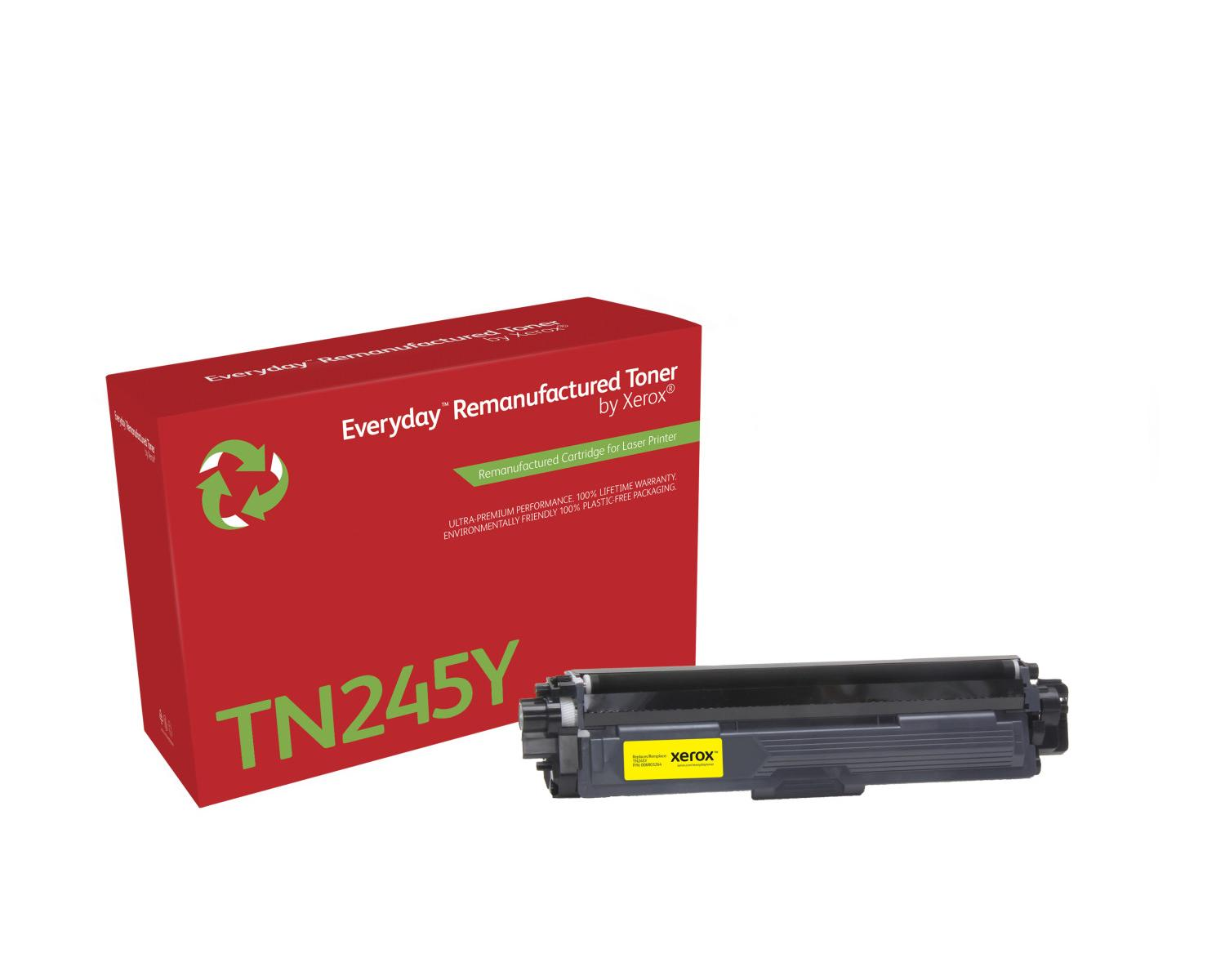 Rode doos met Xerox TN245Y toner cartridge en recycling symbool.
