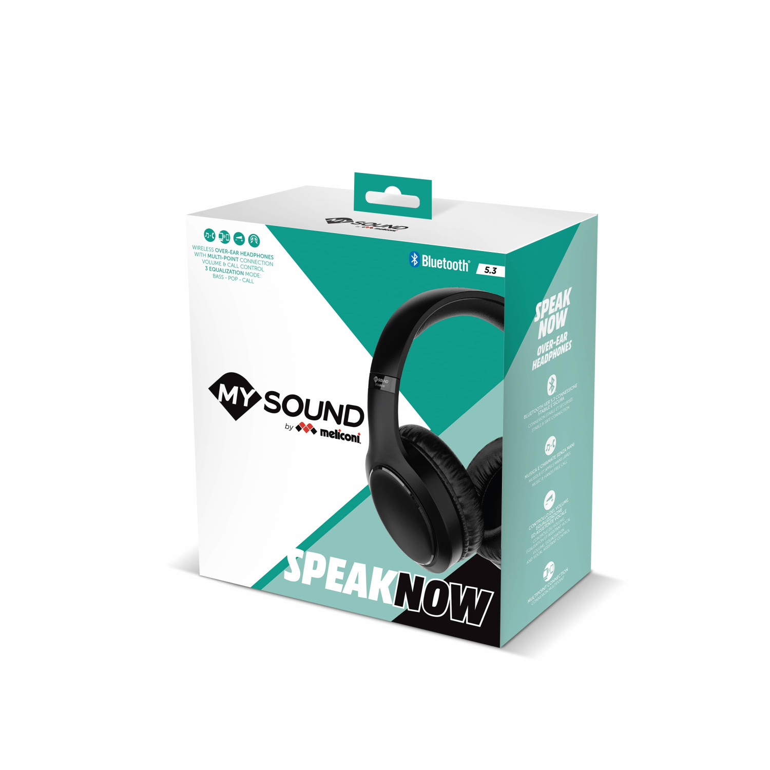 Confezione scatola per cuffie over-ear nere con Bluetooth 5.3 e logo.