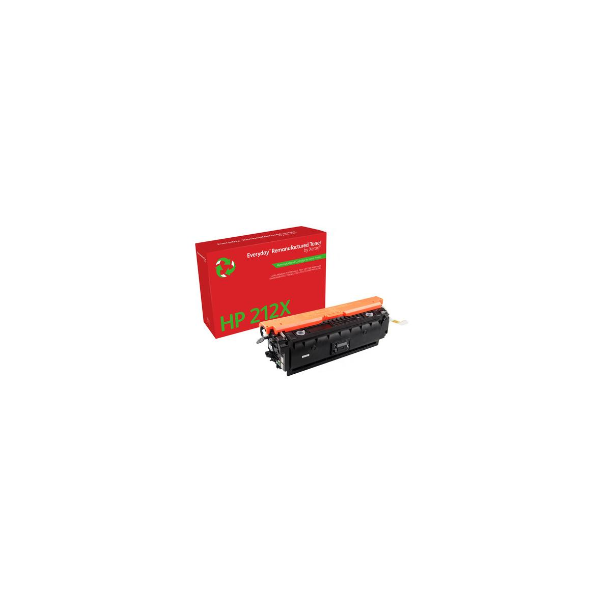 Een rode HP 212X tonerverpakking en een zwarte tonercartridge met oranje accenten.