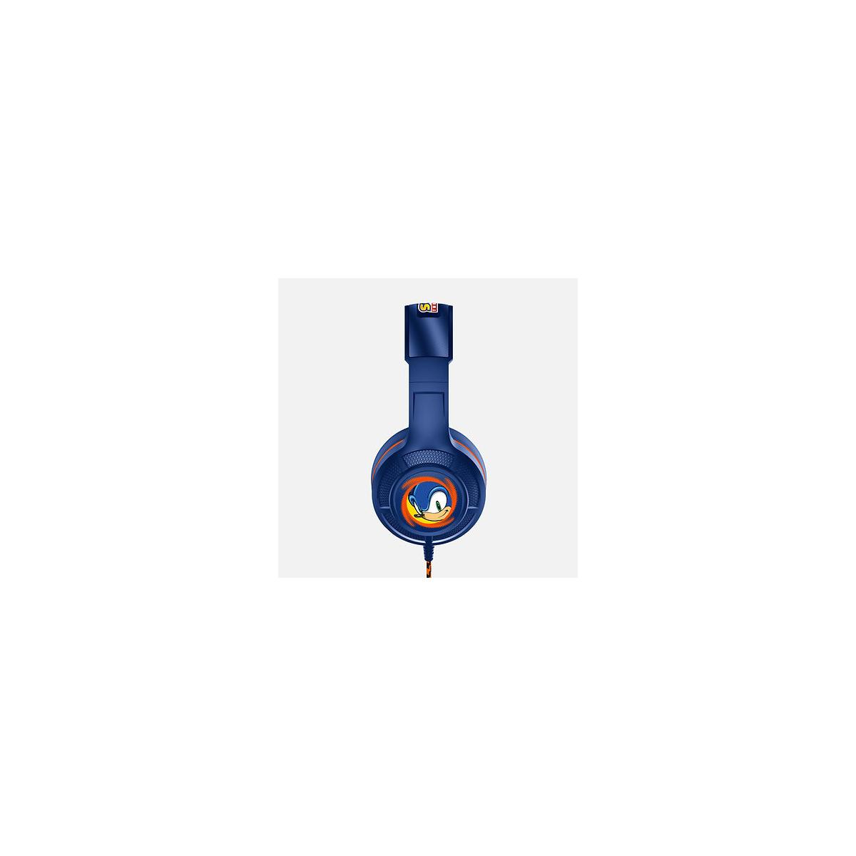 Blaue Kopfhörer im Sonic-Design mit orangen Akzenten und Logo.