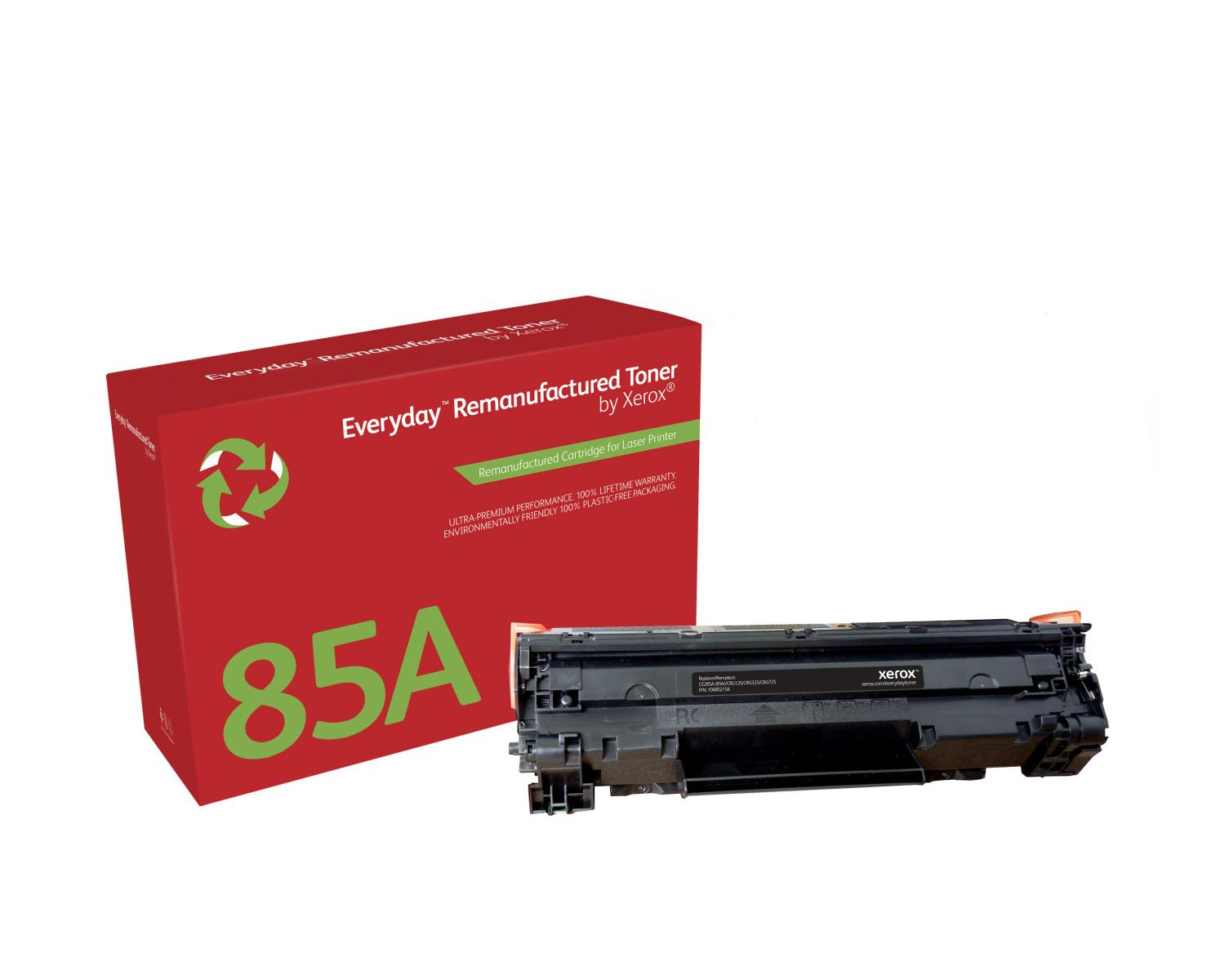Caja roja de tóner Xerox 85A con símbolo de reciclaje y cartucho de tóner.
