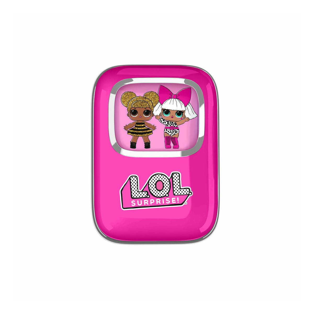 A pink LOL Surprise phone featuring two dolls at the top and logo at the bottom.
