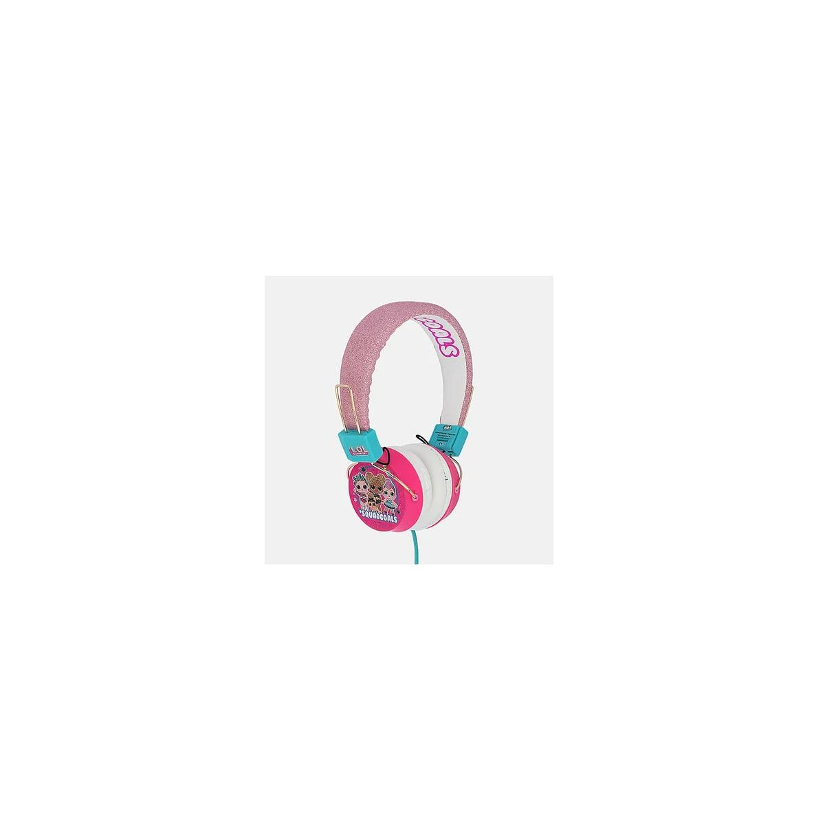 Auriculares LOL Surprise rosas con diadema brillante y estampado 'Squad Goals'.