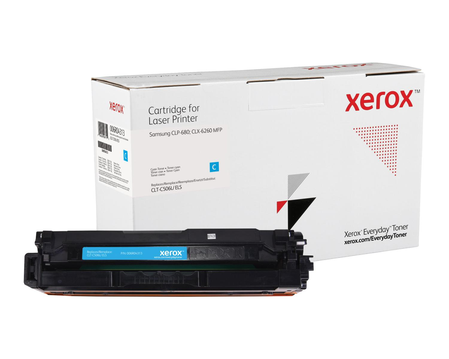 Kartonowy toner Xerox cyjanowy i pudełko do drukarki laserowej.