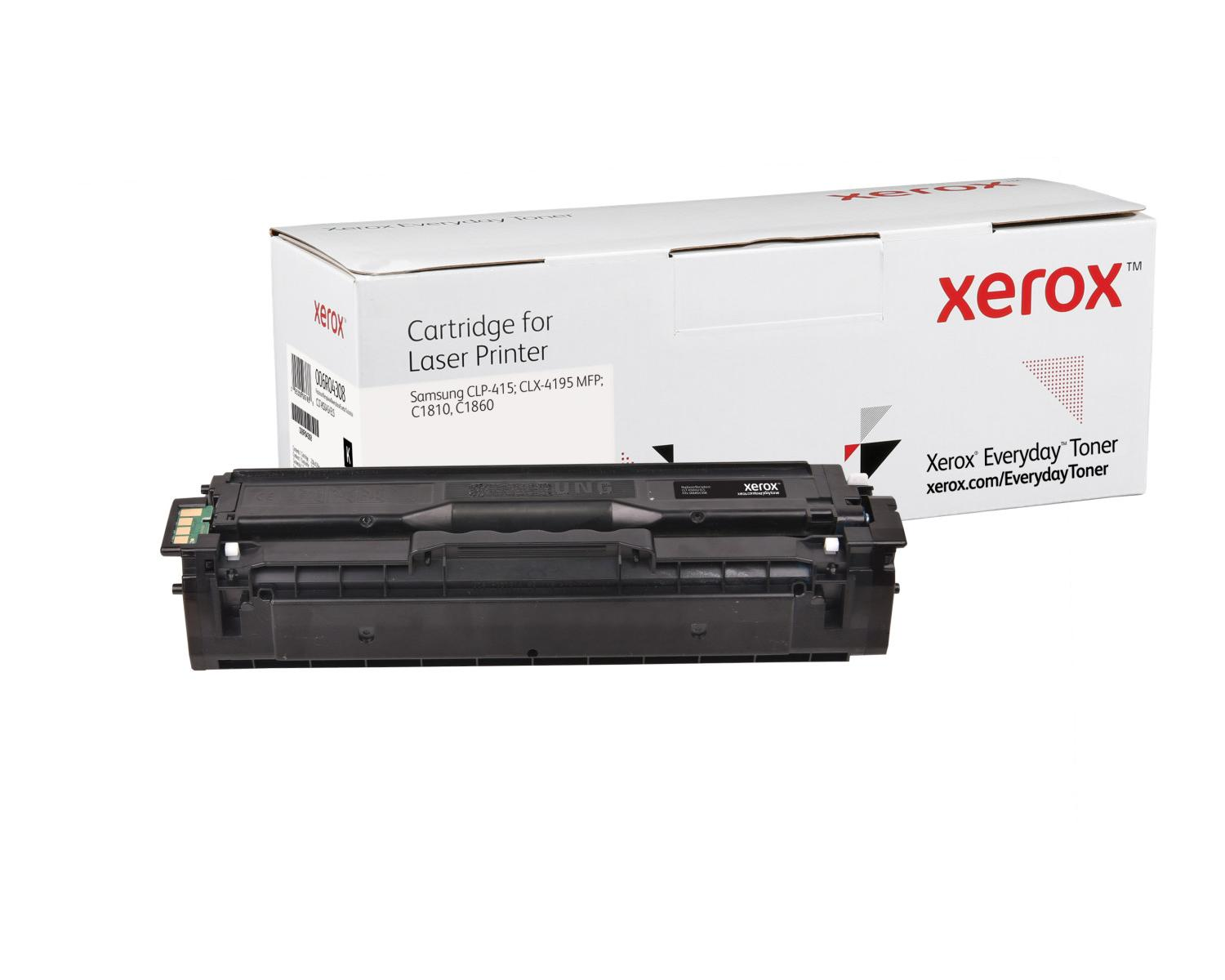 Zwarte Xerox tonercartridge en witte doos met rode en zwarte accenten.