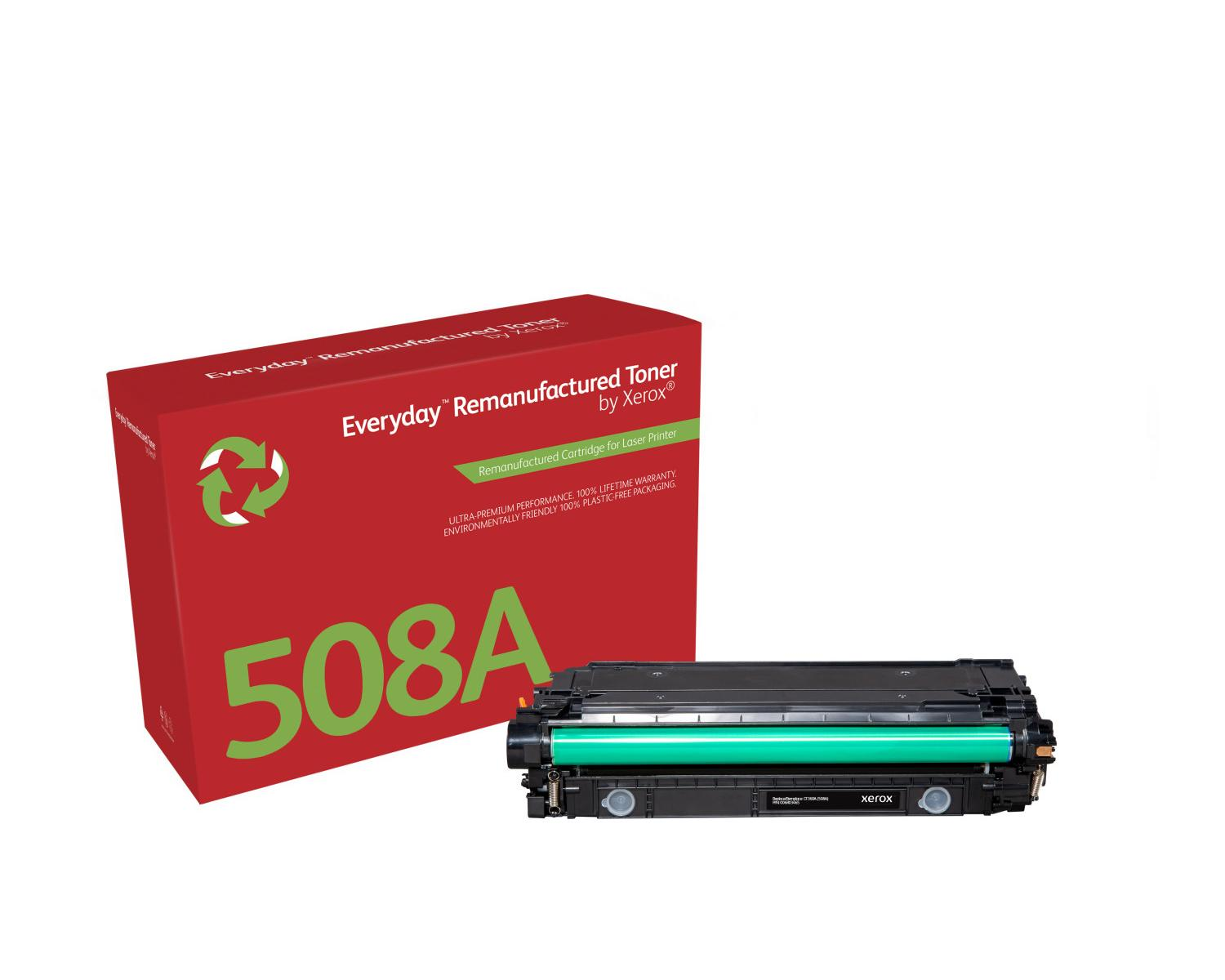 Boîte rouge avec toner 508A et logo vert de recyclage. Cartouche de toner à côté.