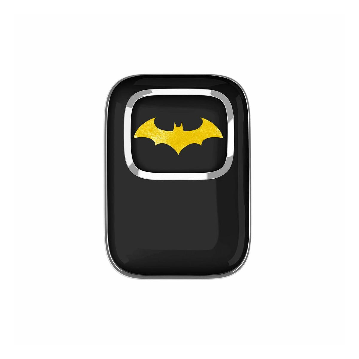Ein schwarzes rechteckiges Objekt mit einem gelben Batman-Symbol und einem silbernen Rand.