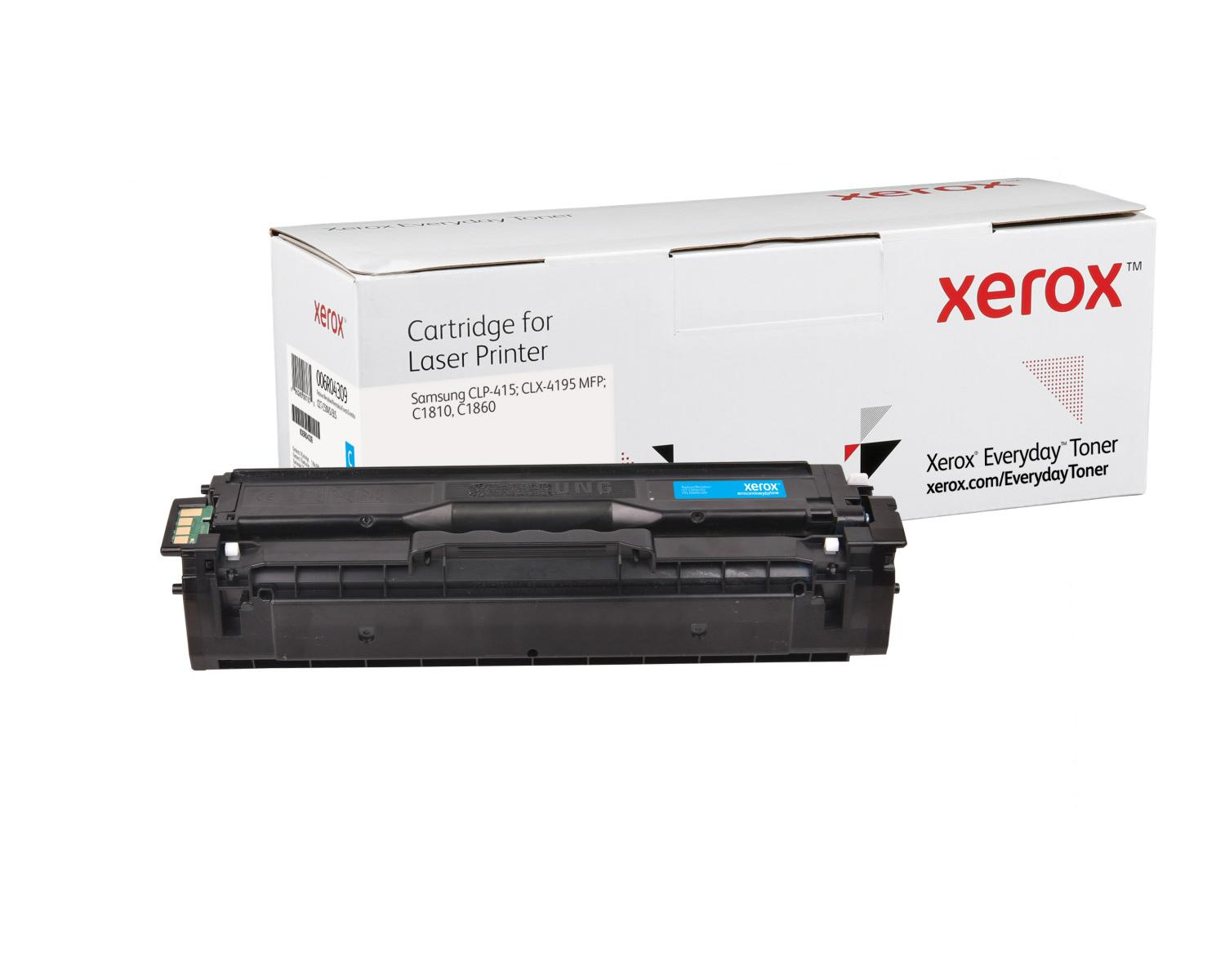 Zwarte Xerox laserprinter cartridge naast een witte doos met Xerox logo.
