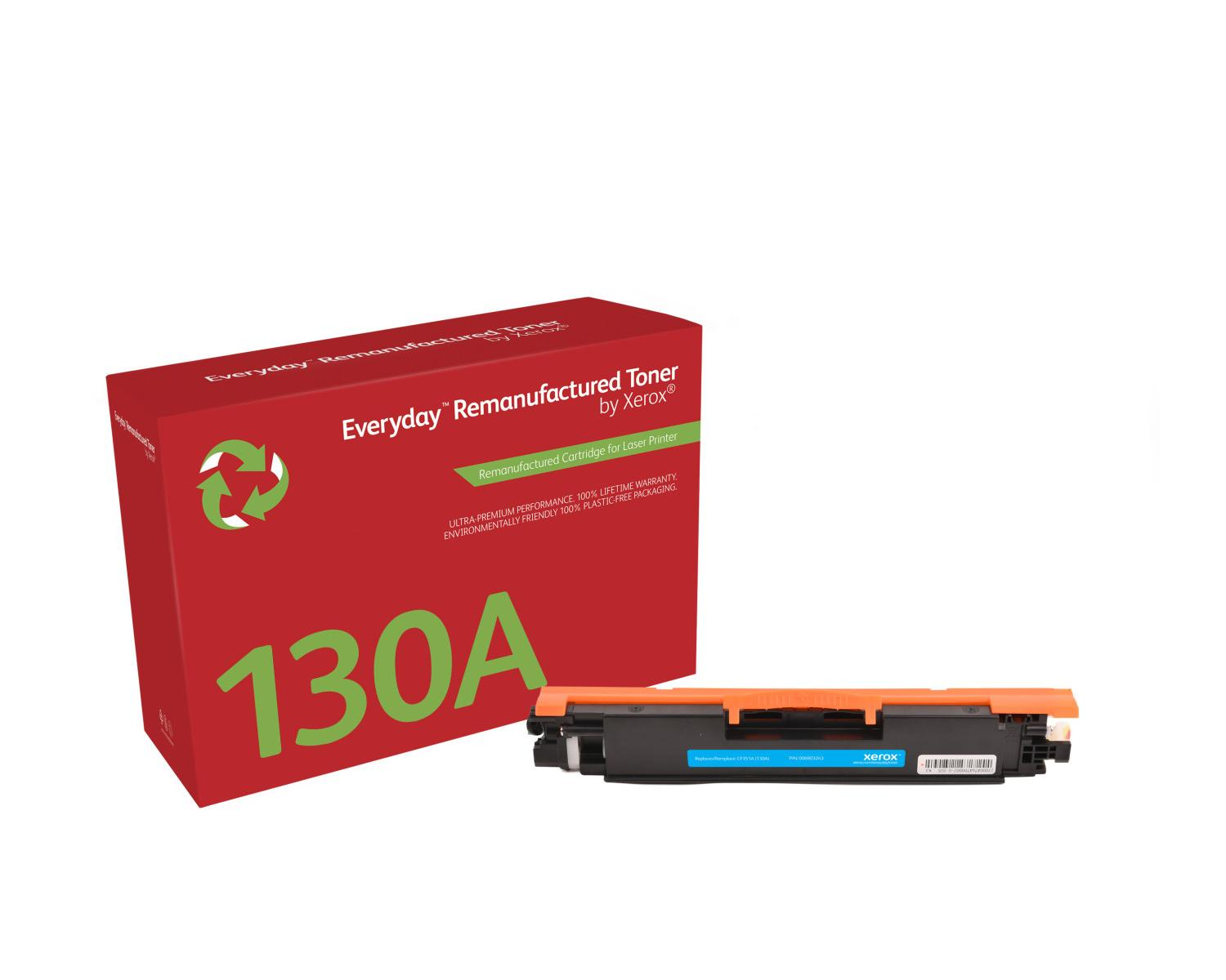 Caja roja con tóner Xerox 130A y símbolo de reciclaje. Primer plano del tóner.