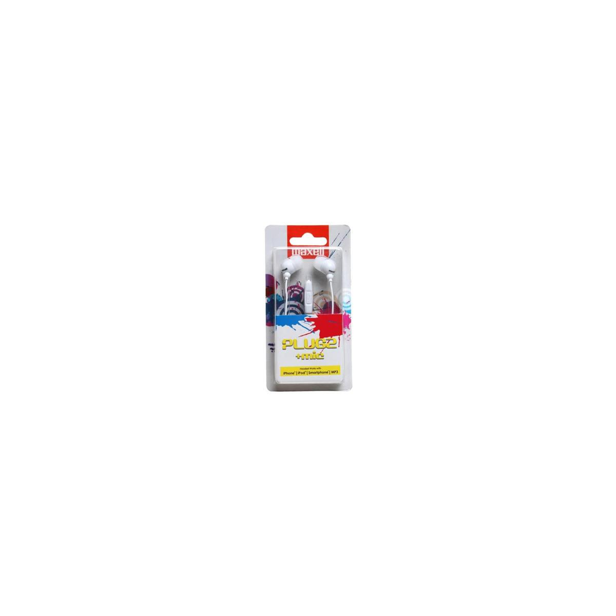 Witte Maxell in-ear oordopjes met microfoon in verpakking.