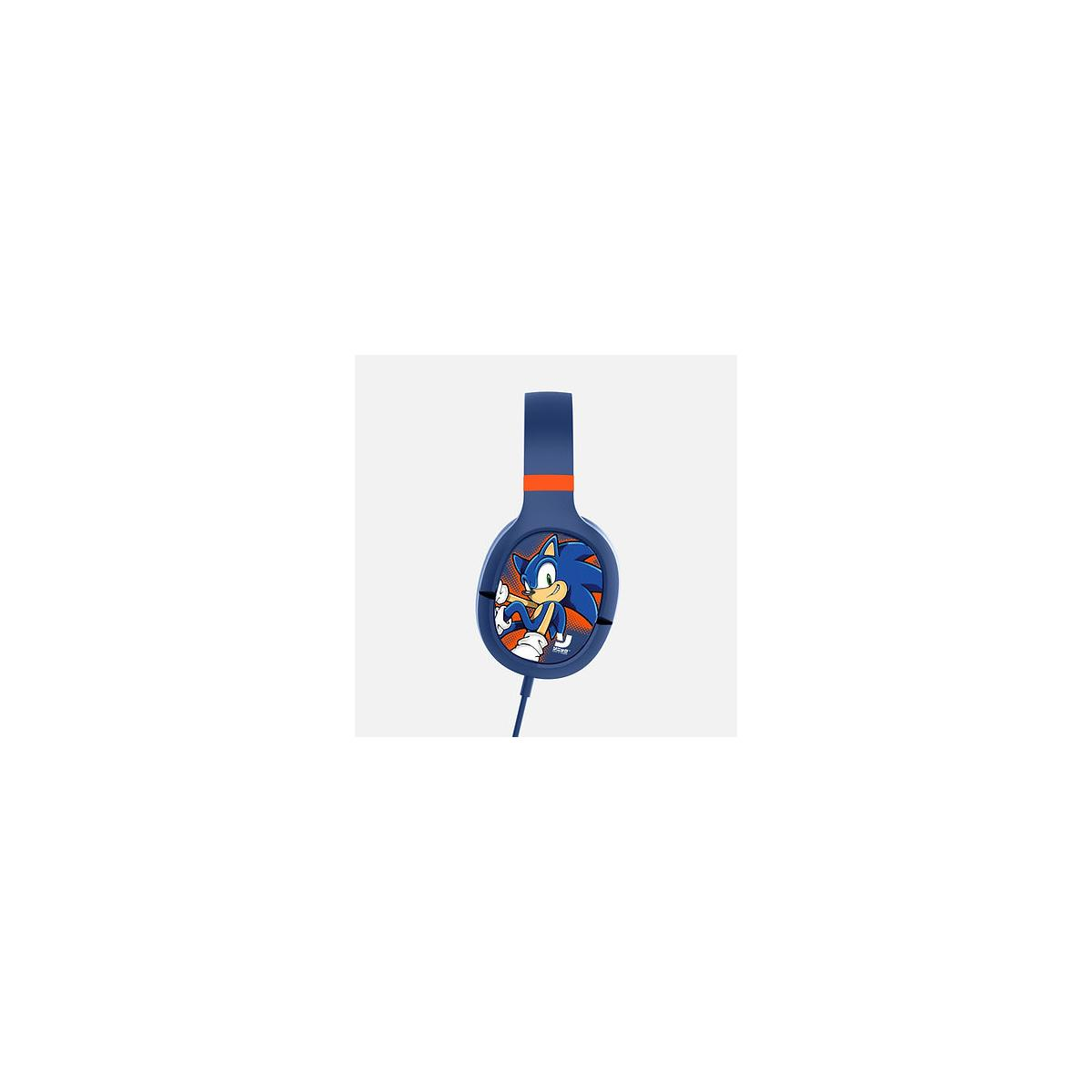 Dunkelblaue Kopfhörer mit Sonic dem Igel-Motiv und orangefarbenen Akzenten.
