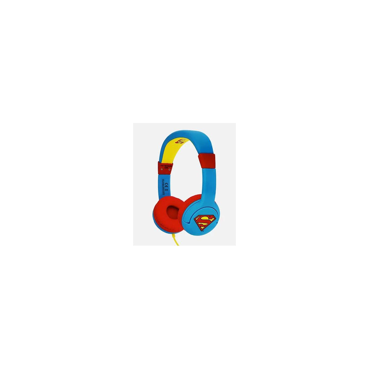 Auriculares azules y amarillos con orejeras rojas y logo de Superman.
