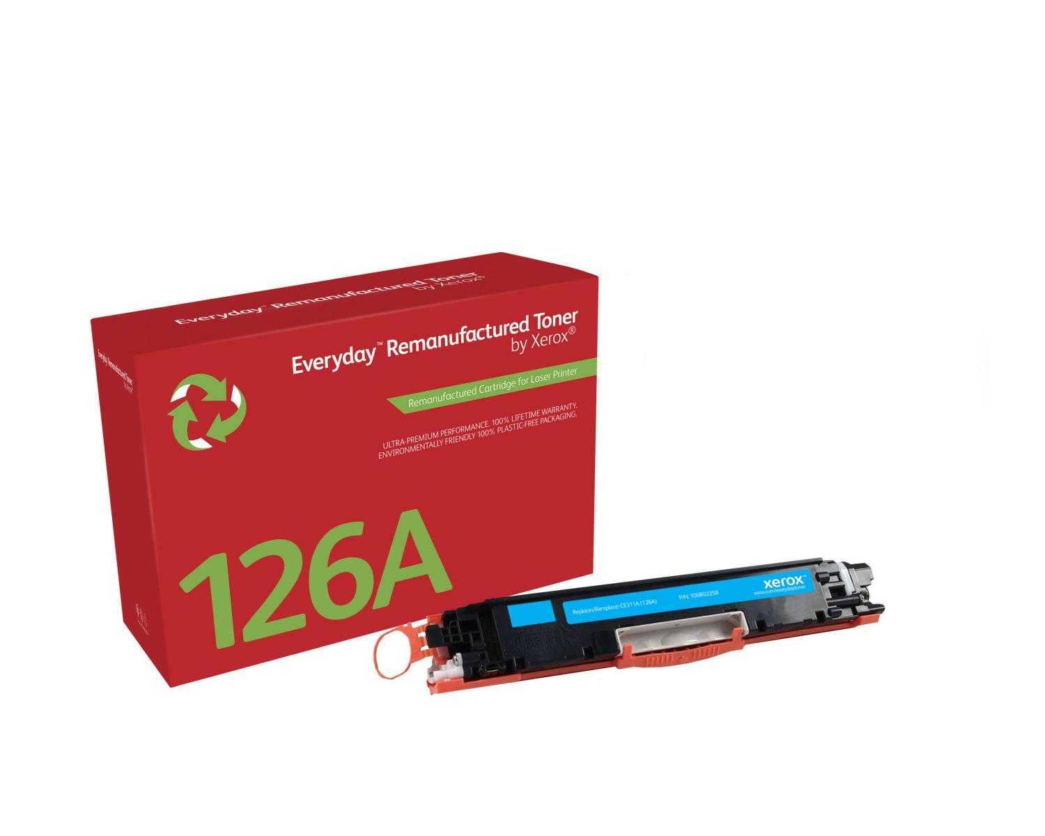 Rode doos met "126A" en groen recycle-logo. Blauwe tonercartridge ernaast.