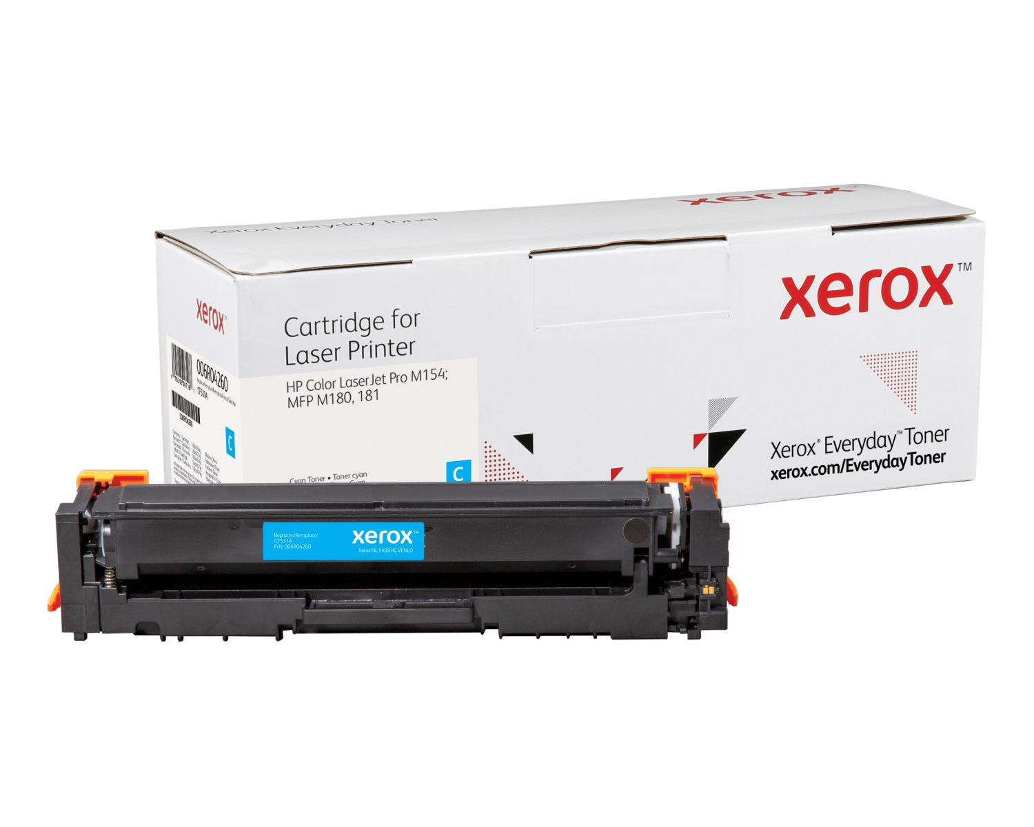 Xerox cyaan toner cartridge en doos voor HP LaserJet Pro M154/M180/181 printers.