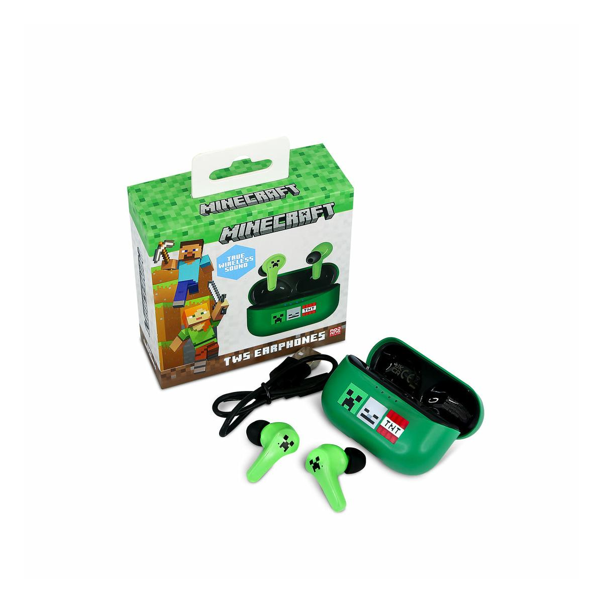 Minecraft TWS earphones with charging case and cable, lime green.