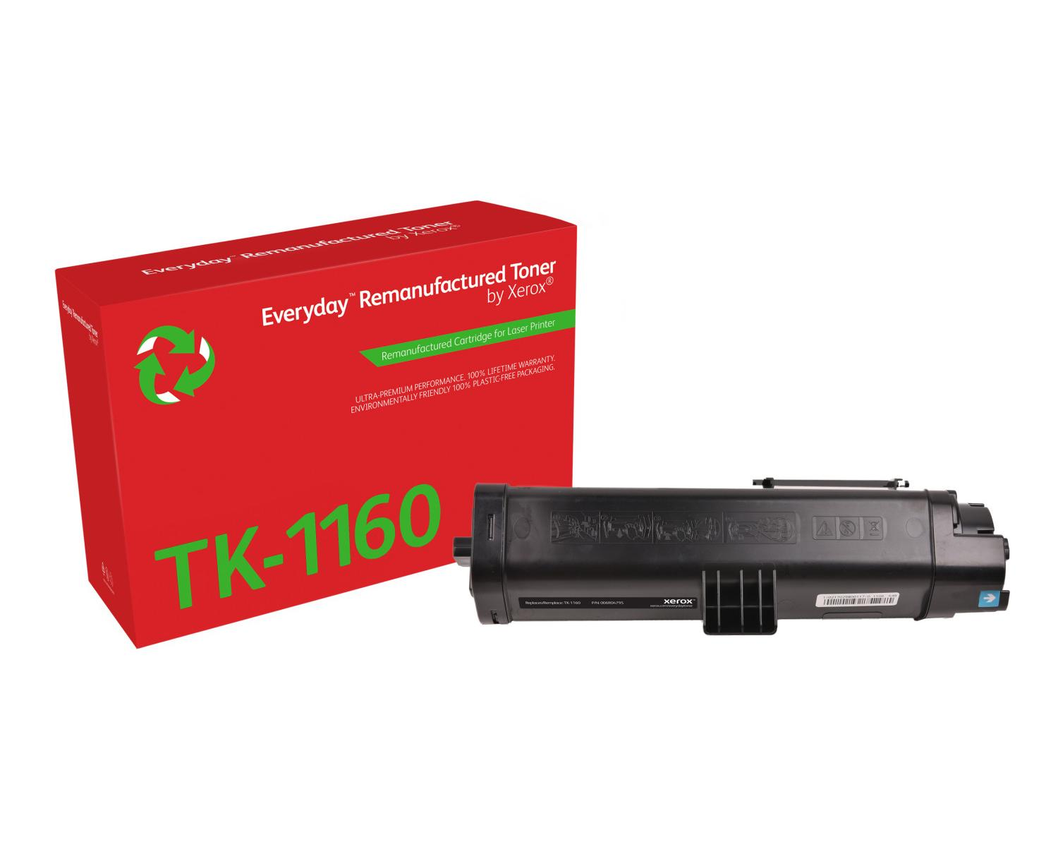 Czerwone pudełko z zielonym symbolem recyklingu i napisem TK-1160. Czarny toner.