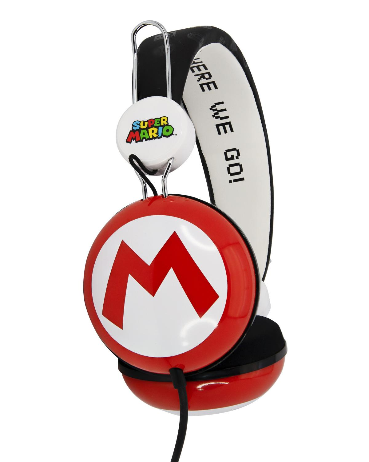 Rote Kopfhörer mit "M"-Logo und "Super Mario"-Schriftzug.