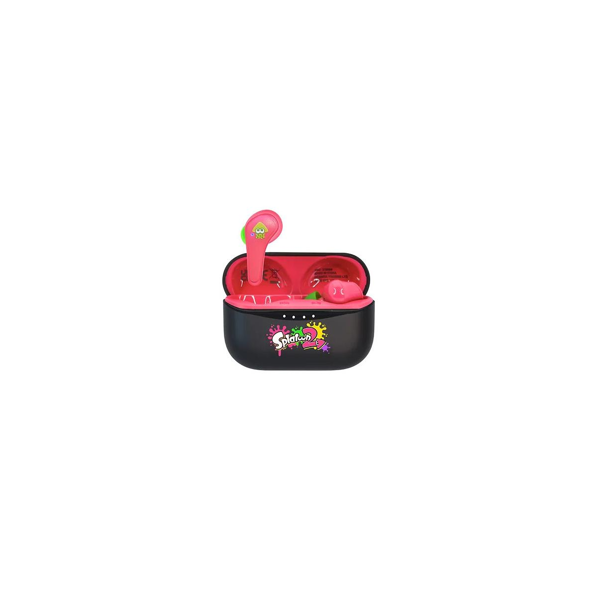 Pinke Splatoon-Ohrhörer und Ladeetui. Ein Ohrhörer ist im offenen Etui.
