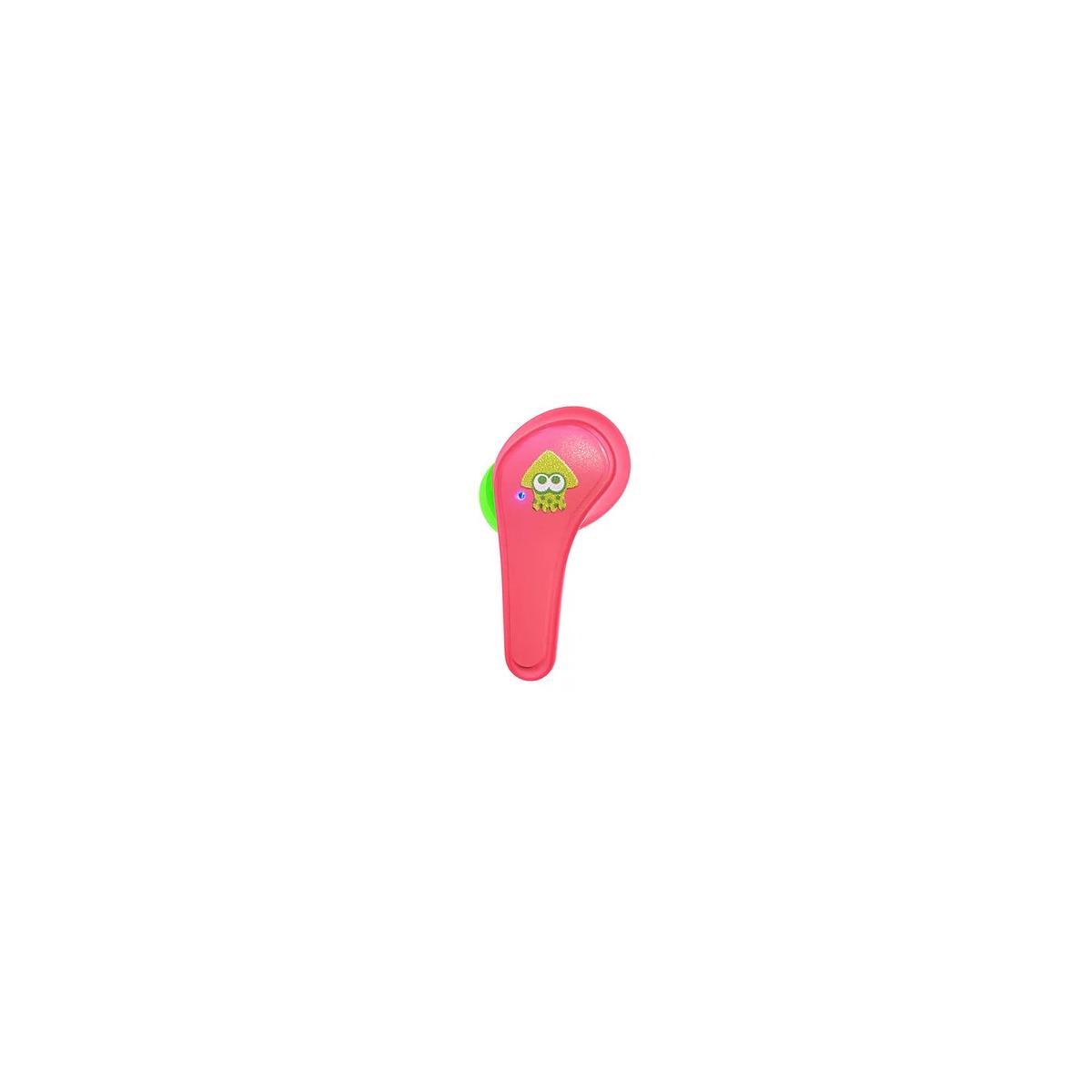 Ein pinker Gegenstand mit einem grünen Knopf und einer Tintenfisch-Grafik.