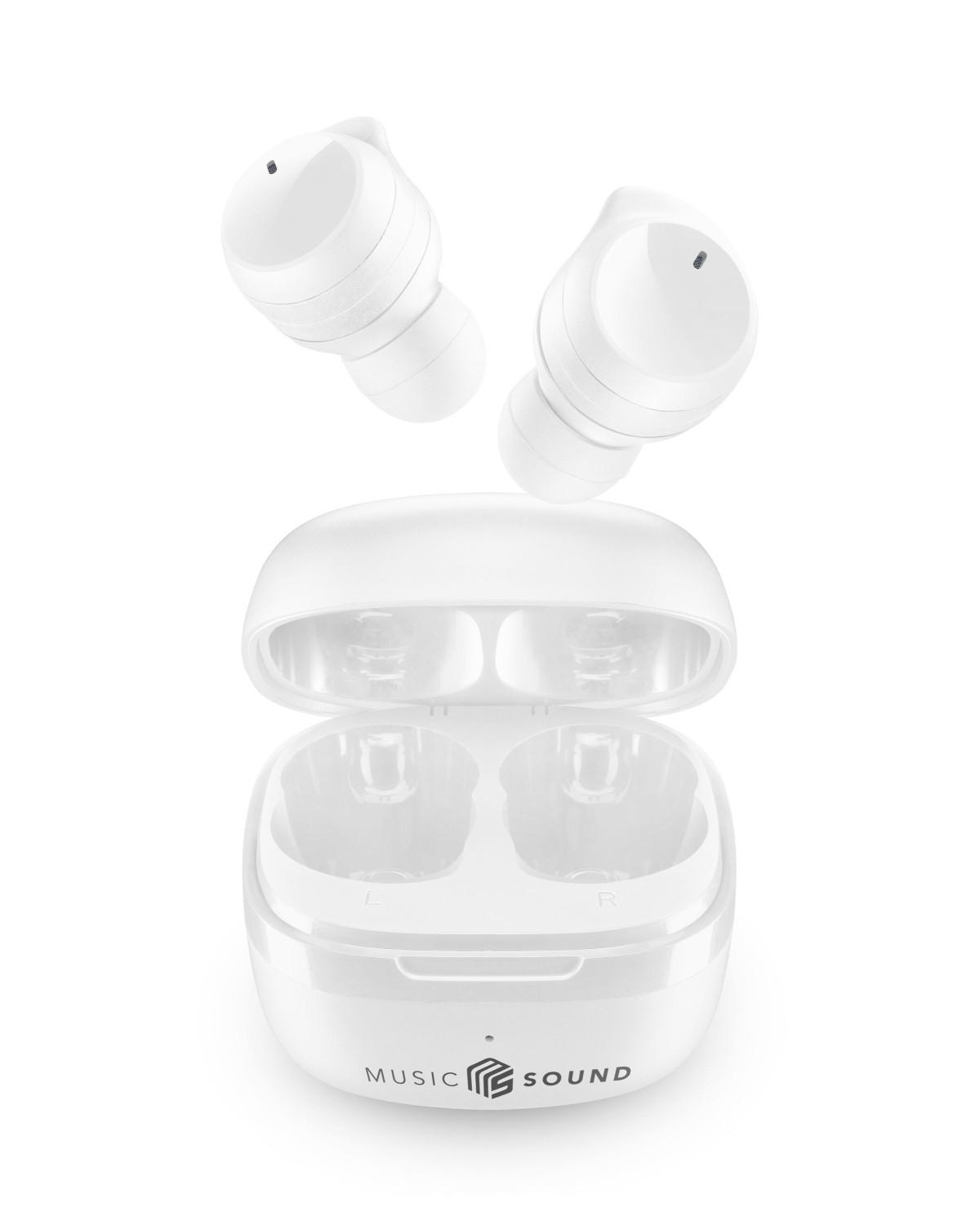 Tre auricolari wireless bianchi e una custodia di ricarica aperta con logo "MUSIC SOUND".