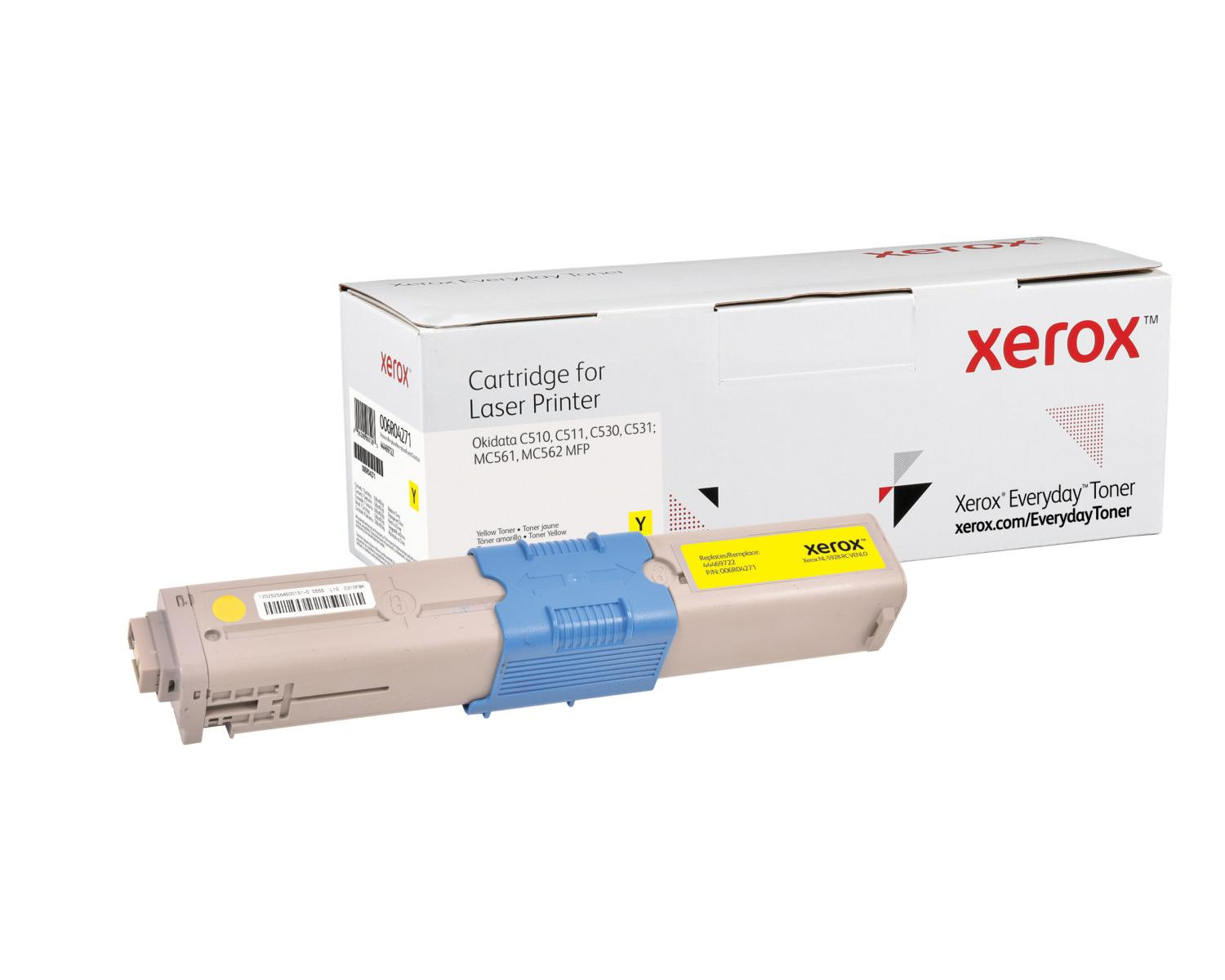 Gelber Xerox Tonerkartusche für Laserdrucker neben einer Verpackung.