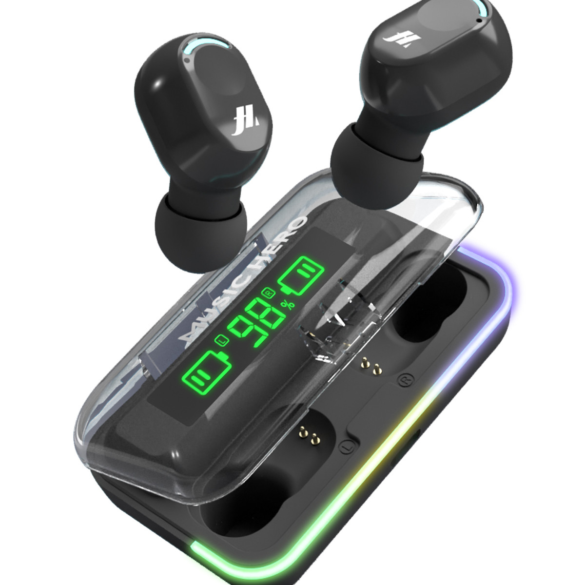 Auricolari wireless neri con custodia di ricarica che mostra il 98% di batteria.