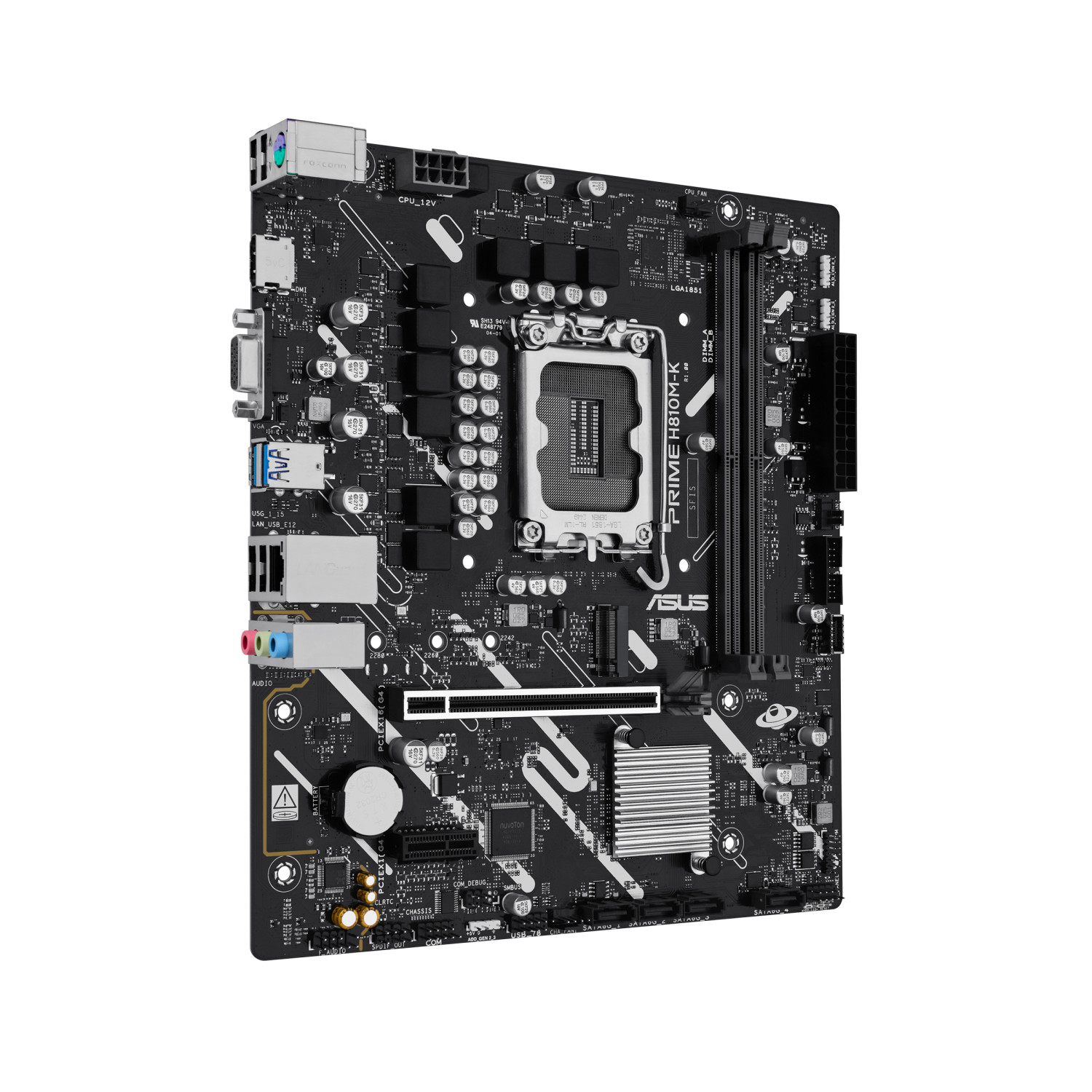 Black ASUS PRIME H810M-K motherboard with CPU socket, RAM slots, and ports.