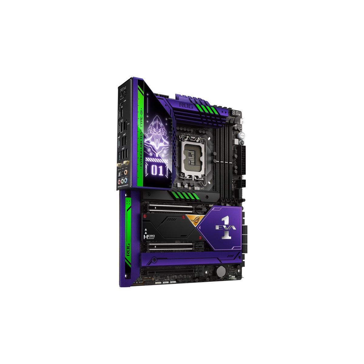 Scheda madre viola e verde con loghi "EVANGELION TEST TYPE-01" e "01".
