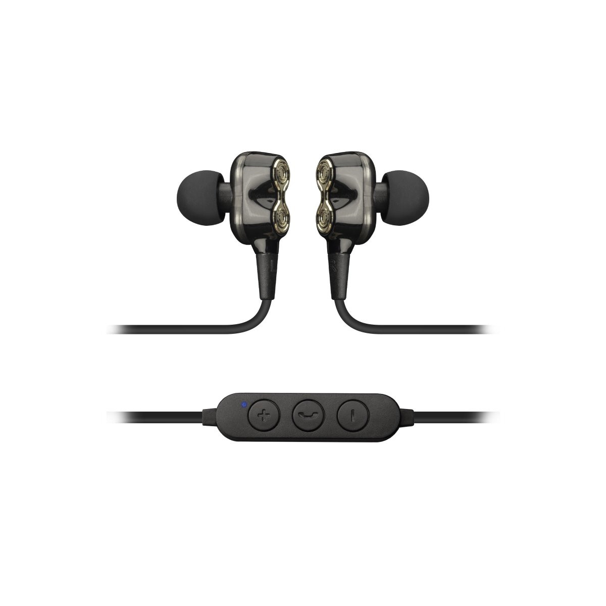 Schwarze In-Ear-Kopfhörer mit silbernen Akzenten und Inline-Fernbedienung.