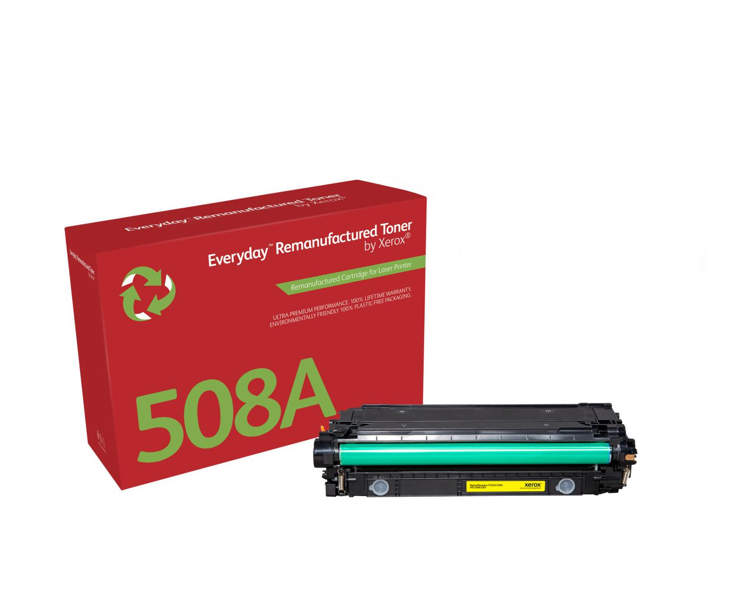 Caja roja con cartucho de tóner 508A, "Everyday Remanufactured Toner" de Xerox.