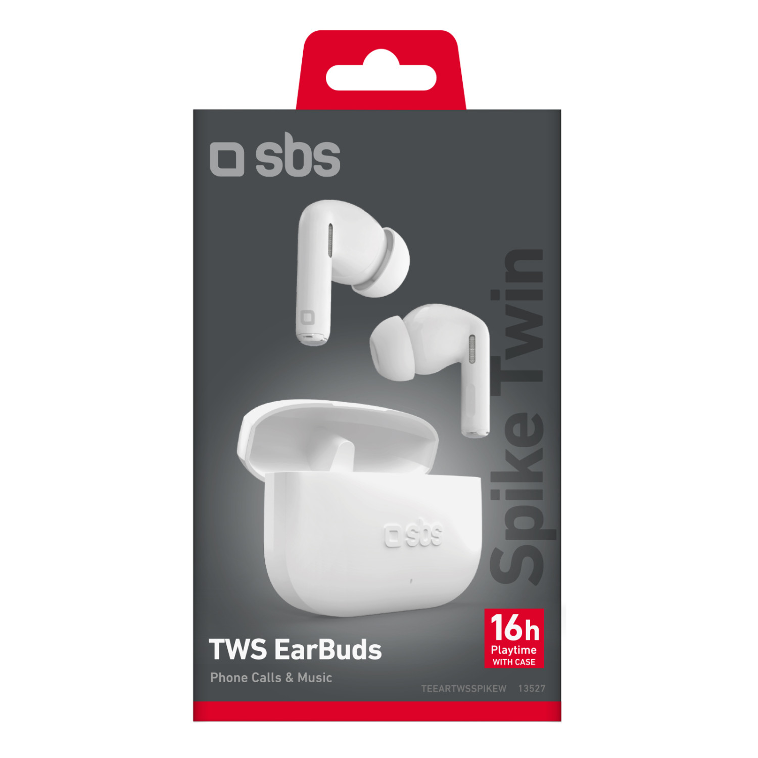 Auricolari TWS bianchi con custodia di ricarica, logo SBS e marchio 'Spike Twin'.